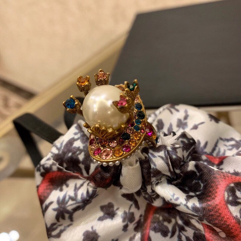 18K Double Gucci Multistone Pearl Ring